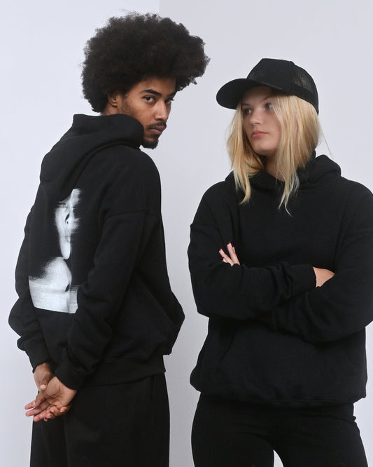 Skön Svart unisex hoodie med fototryck på ryggen